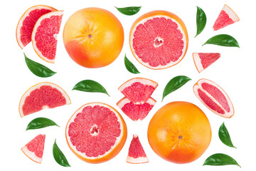 Grapefruit and slices with leaves isolated on white background. Top view. Flat lay pattern
