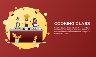 cooking class flat illustration with people cooking cake in kitchen