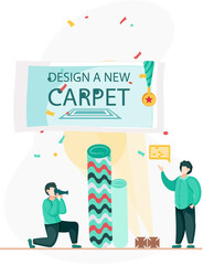 Manufacture of carpets concept. Men are working on design of new carpet, interior shop. People stand holding textile product design template near rolled carpets, photographing rugs for advertising
