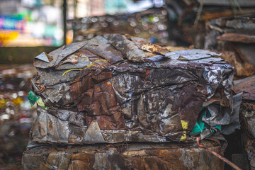 Compacted Metal trash waiting for transport in a waste recycling center in Teknaf, Bangladesh