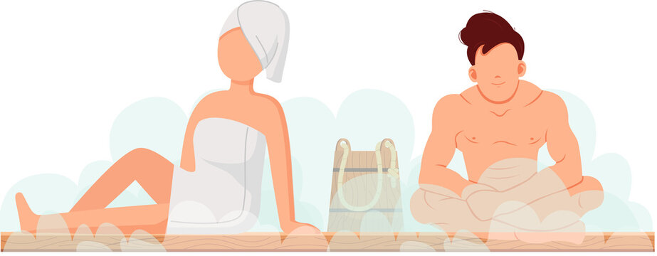 Cartoon people characters taking steam bath together. Flat vector illustration. Woman and man enjoying baths and steam, hammam with sauna whisk. Relax, health, bathhouse concept, wellness procedure
