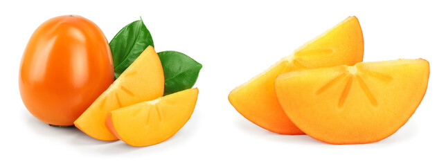 Persimmon fruit with leaves isolated on white background close-up. Set or collection