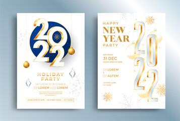 Happy New Year 2022 gold numbers typography greeting card design on white background. Merry Christmas invitation poster with golden decoration elements.