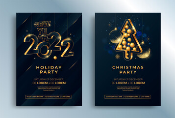 Happy New Year 2022 gold numbers typography greeting card design on dark background. Merry Christmas invitation poster with golden decoration elements. - obrazy, fototapety, plakaty