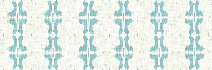 Aegean teal geometric border strip linen texture background. Summer coastal living style home decor fabric effect. Sea green wash grunge edge material. Decorative textile geo seamless pattern banner.