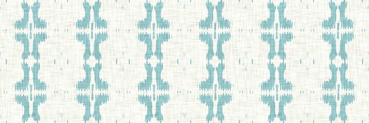 Aegean teal geometric border strip linen texture background. Summer coastal living style home decor fabric effect. Sea green wash grunge edge material. Decorative textile geo seamless pattern banner.