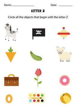 Letter recognition for kids. Circle all objects that start with Z.