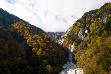 長野県大町市の紅葉真っ盛りの高瀬渓谷を、上空から空撮
