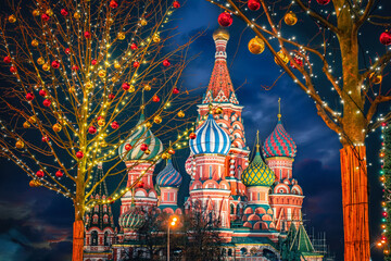 Moscow is capital of Russia. St. Basil's Cathedral. Christmas trees on streets of Moscow. New Year's Red Square. St. Basil's Cathedral at Christmas. Moscow on winter night. Russian Federation