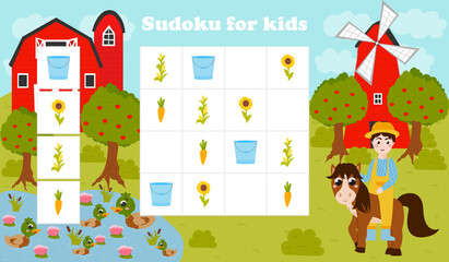 Colorful sudoku game for kids with farmer and horse, pond with ducks, barn and farm objects in cartoon style