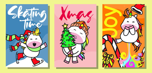 Obraz na płótnie Canvas Cute Unicorn Christmas flashcards set. Unicorn flashcards Flashcards edition. Cute unicorn flashcards collection set. Vector illustration. 