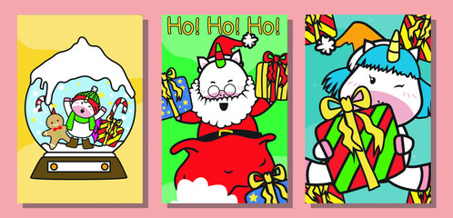 Fototapeta premium Cute Unicorn Christmas flashcards set. Unicorn flashcards Flashcards edition. Cute unicorn flashcards collection set. Vector illustration. 