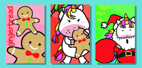 Cute Unicorn Christmas flashcards set. Unicorn flashcards Flashcards edition. Cute unicorn flashcards collection set. Vector illustration. 