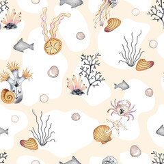 Cute Underwater Life Watercolor Seamless Pattern