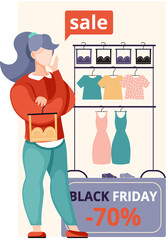 Naklejka na ściany i meble Women in clothing store on black friday. Seasonal discount offers clothes on sale. Closeout in boutique. Happy shopaholic makes purchase. Satisfied female customer with shopping bags in fashion market