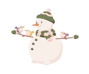 Cute snowman with birds on twig arms. Winter holiday snowy character with happy face. Traditional snow man in warm hat, scarf and mittens. Flat vector illustration isolated on white background