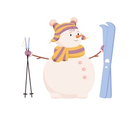 Cute active snowman with ski and poles. Happy winter character in hat and scarf. Snow man athlete during wintertime and Christmas sports activity. Flat vector illustration isolated on white background