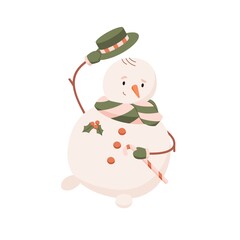 Cute snowman greeting by hat tip gesture. Christmas snowy character with candy cane. Traditional winter holiday snow man with carrot nose. Flat vector illustration isolated on white background