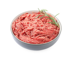 Fresh minced meat and rosemary in bowl on white background