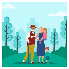 Elderly man and woman walking with grandson and granddaughter at the park. Vector illustration.