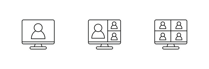 Video conference thin line icon. Meeting People on computer screen. Home office in quarantine times. Internet teaching media Business Presentation. Digital communication.