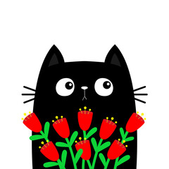 Cat kitten kitty holding red tulip flower bouquet. Happy Valentines Day. Cute cartoon kawaii funny animal. Greeting card, tshirt. Flat design. Love card. White background.