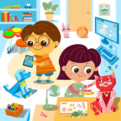 Cute girl with cake and robot cat is sitting. Boy and dog. Robotics for kids, cartoon character. Vector illustration.