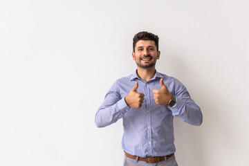 Happy man giving thumbs up sign on white background