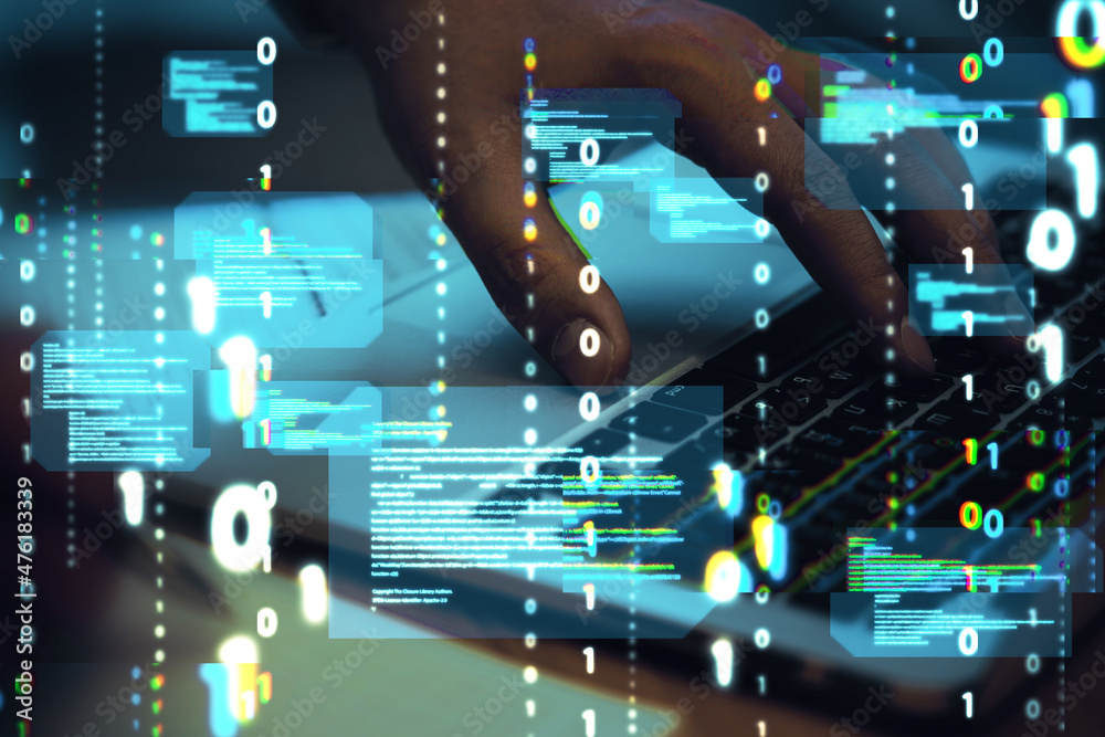 Leinwandbilder Close up of hands using computer keyboard with abstract coding binary code hologram on blurry background. Artificial intelligence and development concept. Double exposure.