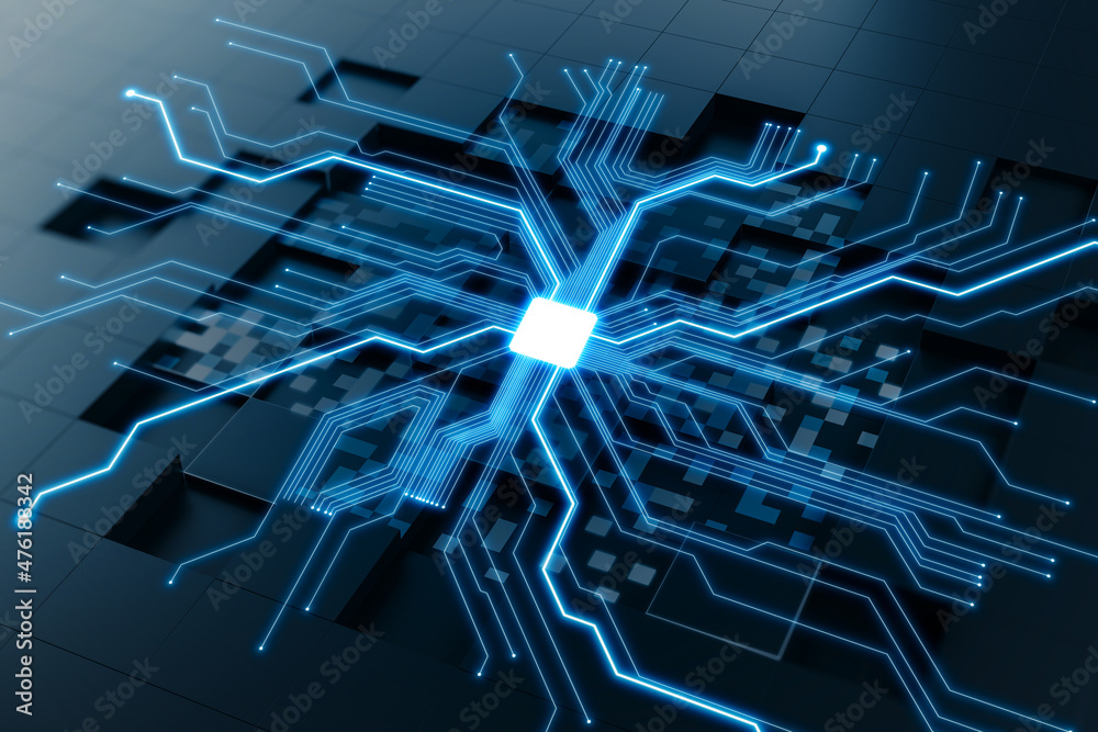Poster Abstract glowing blue circuit hologram on light background. Technology and data system concept. 3D Rendering.