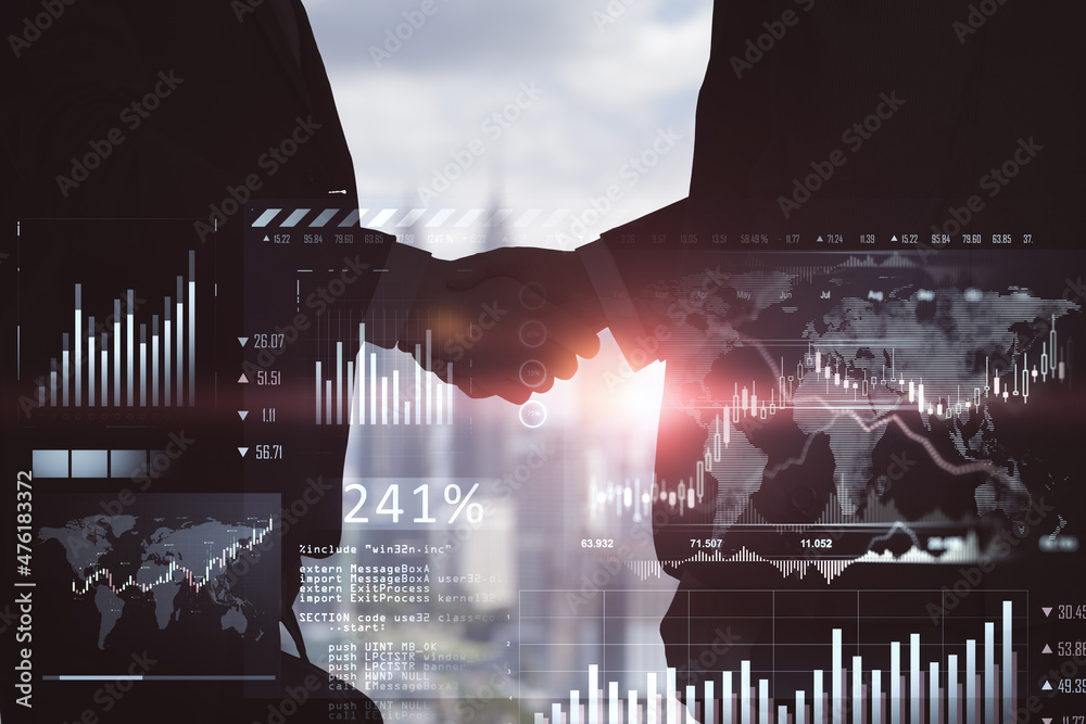 Poster side view of business men shaking hands on abstract blurry city background with glowing forex chart 