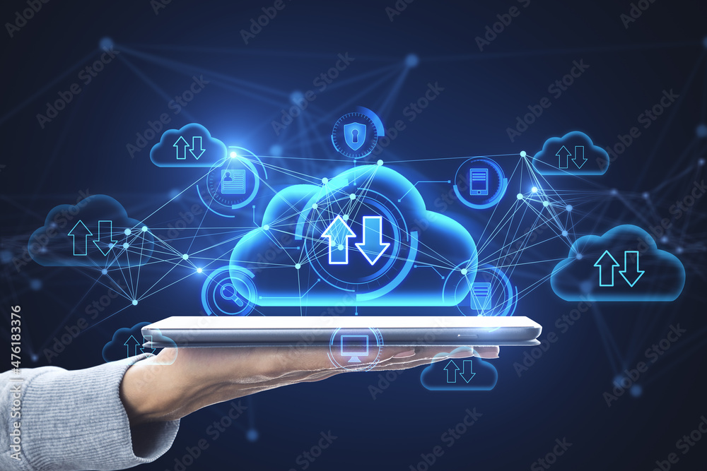 Poster close up of hand holding tablet with abstract glowing cloud computing hologram with download/upload 