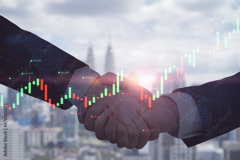 Poster side view of businessmen shaking hands on blurry city background with glowing forex chart and map. t