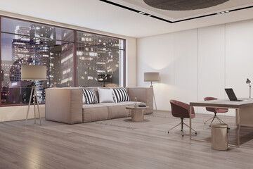 Modern designer wooden office interior with panoramic window and night city view, couch, furniture and decorative wall. Workplace and design concept. 3D Rendering.