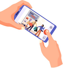 Mobile online shopping. People buy clothes and accessories in online shops, black friday sale. Special offer, discount concept. Modern clothing store, purchases using an application on smartphone