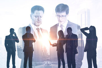 Bright image of businesspeople working together on abstract city office background with daylight. Teamwork and finance concept. Double exposure.