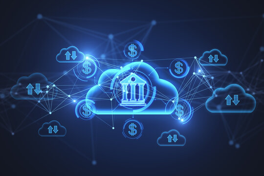 Abstract glowing blue cloud computing and online banking hologram with various icons on blurry background. Database, finance, technology and future concept. 3D Rendering.