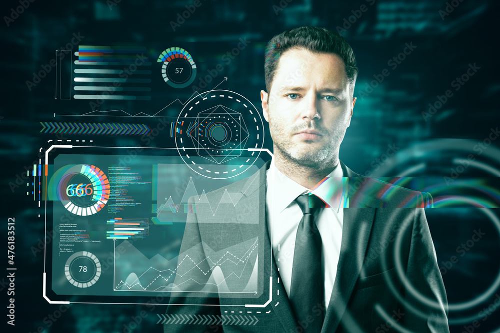 Poster portrait of businessman with creative interface hud screen on dark background. future and innovation
