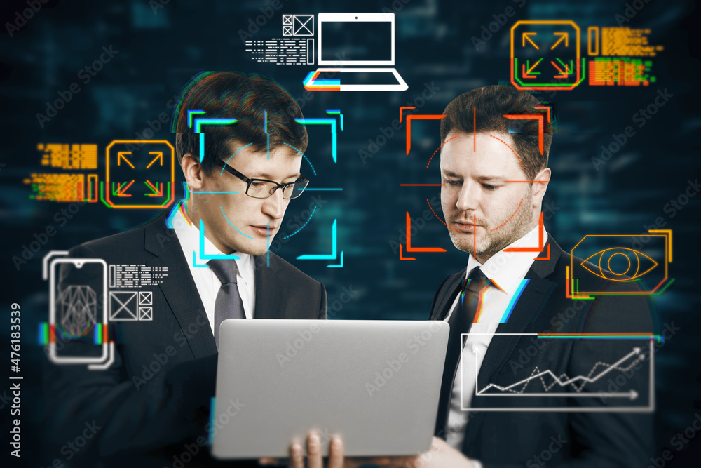 Poster portrait of attractive thoughtful businessmen using laptop together with creative face recognition c