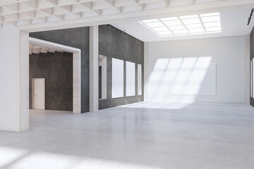 Clean concrete exhibition hall interior with empty posters and sunlight. Gallery concept. 3D Rendering.