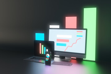Creative dark neon designer desktop with glowing laptop computer monitors, smartphone screen and business charts, graphs and diagrams. Finance, stock and economic growth concept. 3D Rendering.