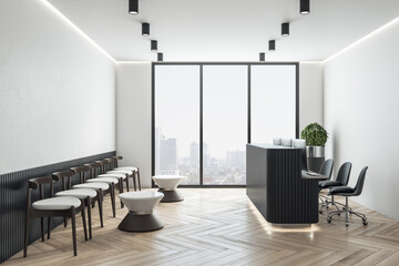 Creative office reception interior with wooden flooring, panoramic city view and furniture. Design, waiting area and workplace concept. 3D Rendering.