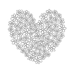 Obraz na płótnie Canvas Vector heart from black outline small flowers in doodle style. Cute symbol of love for invitation, greeting card, wedding, holiday decoration, valentines