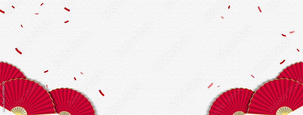 Canvas Prints oriental style white gray wave pattern banner background with red folding fans at borders