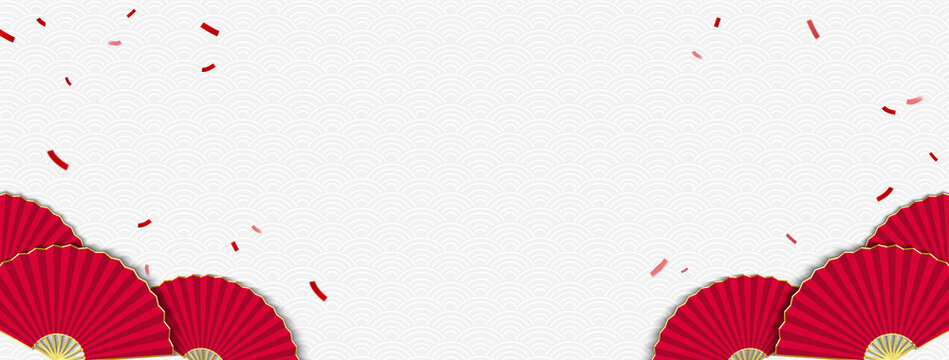 Oriental style white gray wave pattern banner background with red folding fans at borders