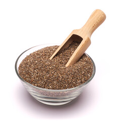 Glass bowl of organic natural chia seeds close-up isolated