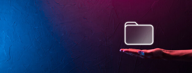 Businessman hold folder icon.Document Management System or DMS setup by IT consultant with modern computer are searching managing information and corporate files.Business processing,Neon