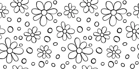 Papier peint Noir et blanc Modèle sans couture floral primitif simple de vecteur. Joli imprimé sans fin avec des fleurs dessinées à la main. Croquis, griffonnage, gribouillis