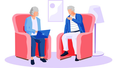 Grandmother is teaching grandfather how to use tablet pc. Pensioners and new technology. Senior people using smart devices. Concept of remote work from home, distance learning for retired people