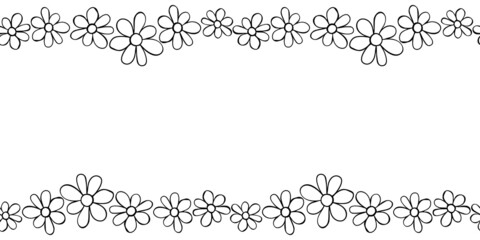 Obraz premium Vector hand drawn border, frame of small outline black flowers chamomiles in doodle style. Horizontal top and bottom edging, decoration for birthday, greeting card, kids theme